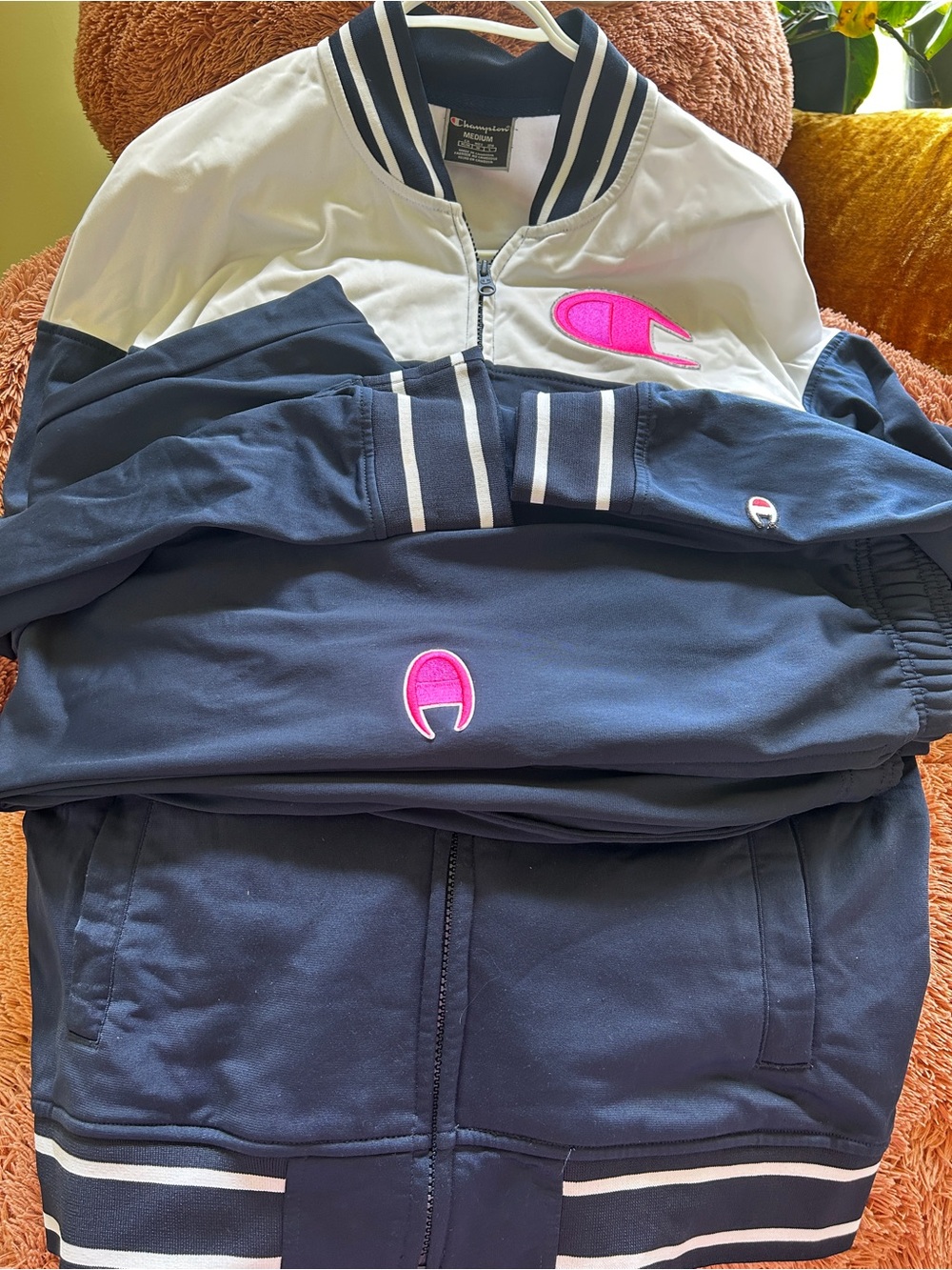 Champion Men's Colorblock Track Jacket - Navy & White with Pink Logo